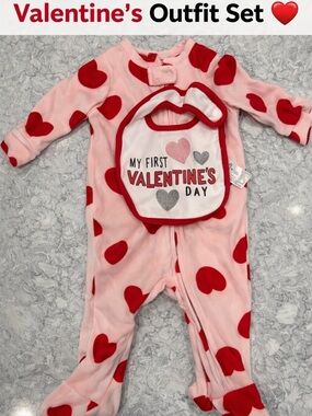 Cat & Jack Pink and Red Heart Valentine Footie with Bib